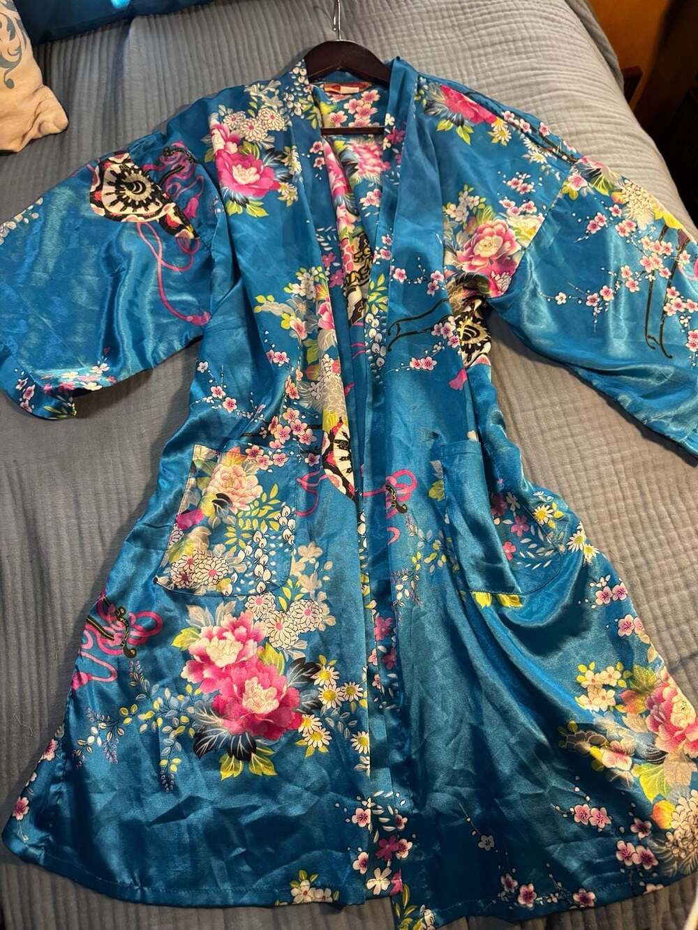 Vintage silk kimono cherry blossom teal short festival, cover-up robe XL
